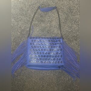 Studded Blue Fringe Shoulder Bag